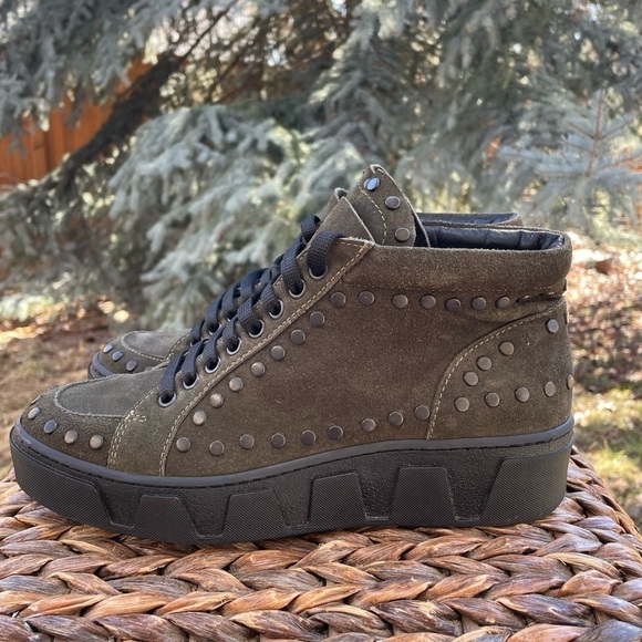 Olive Brown Bronze Studded Suede Platform Lace Up Street Ankle Boot - Picture 11 of 11